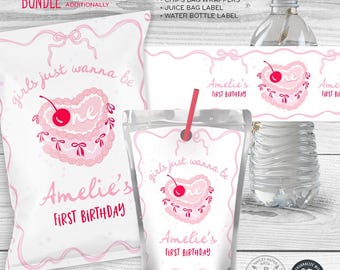 Paquete de primer cumpleaños con pastel de lazo rosa coqueto, las chicas quieren ser UNA, etiquetas divertidas para botellas de agua, jugo y bolsas de papas fritas, imprimibles editables. 271HPA 41