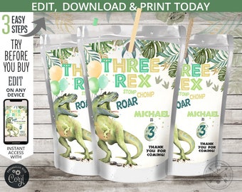 May include: Three dinosaur juice box labels with green, yellow, and blue accents. The labels feature a dinosaur with the text "Three Rex" and "Stomp Chomp Roar". The labels also include the name "Michael" and the number "3".
