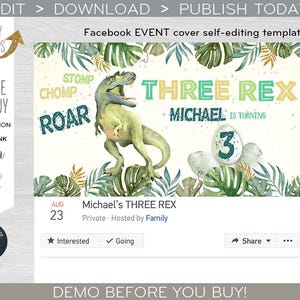 Può includere: Un modello di copertina per eventi Facebook per una festa di compleanno a tema dinosauri. Il modello presenta un dinosauro verde con il testo "Three Rex" e "Michael compie 3 anni".