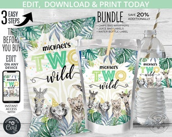 BUNDLE Jungle TWO WILD chips bag, juice bags, safari water bottle labels, snacks treat pouch second birthday. Editable printable. 124HPA 41