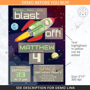 Invitación al espacio exterior fuera de este mundo, el astronauta despega la invitación de la galaxia del planeta de control de la misión de la luna del cohete. Plantilla EDITABLE. 070HPA 01 imagen 3