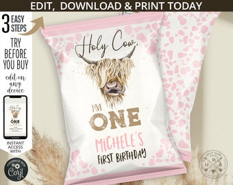 Holy cow I'm ONE chips bag, highland cow favor bags, pouch wrapper, farm ranch barn first birthday party. Editable printable. 209HPA 30 C