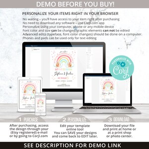 May include: A digital invitation design displayed on various devices, including a desktop computer, laptop, tablet, and smartphone. The invitation features a rainbow and two cartoon faces. Text includes "Birthday Celebration" and "Personalize with Corjl."
