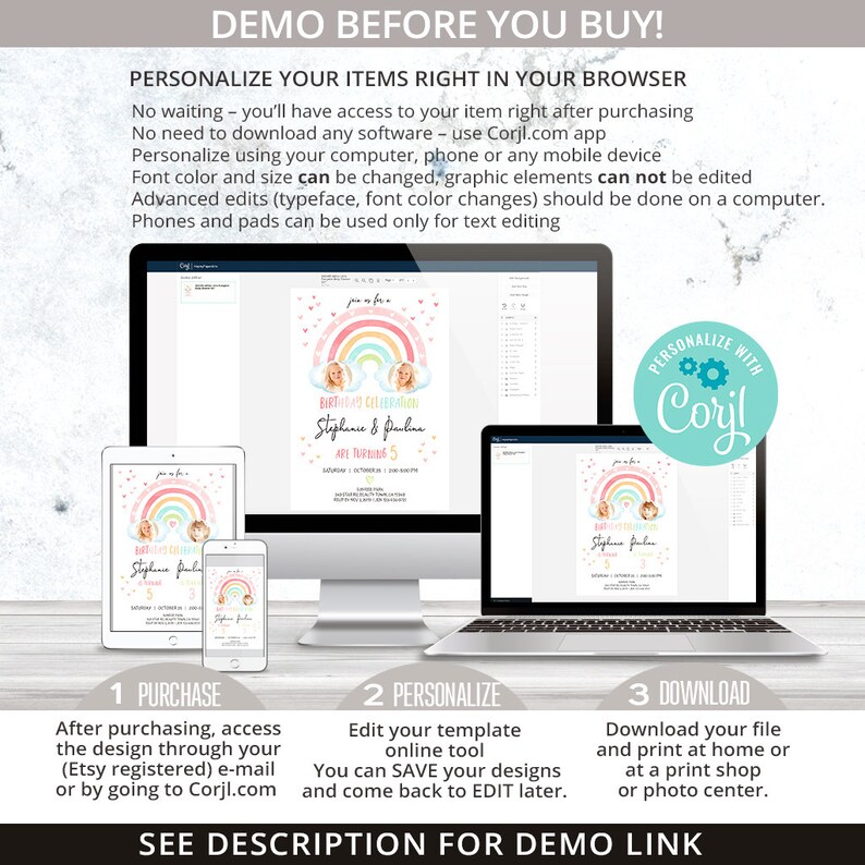 May include: A digital invitation design displayed on various devices, including a desktop computer, laptop, tablet, and smartphone. The invitation features a rainbow and two cartoon faces. Text includes "Birthday Celebration" and "Personalize with Corjl."