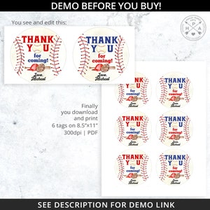 May include: Six printable baseball-themed thank you tags with red, white, and blue accents. The tags feature a baseball with red stitching, a baseball bat, and a baseball cap. The text on the tags reads "Thank You for coming! Love, Michael".