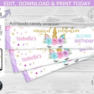 Unicorn airheads candy wrapper, airheads label, any age magical celebration glitter birthday party airheads. Editable printable. 046HPA 16 A