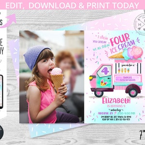 May include: A pink and blue ice cream truck invitation for a 4th birthday party. The invitation features a cartoon ice cream truck with a number 4 on the side. The text on the invitation reads "I scream, you scream, we all scream for ice cream!" and "Join us for a sweet celebration". The invitation also includes the birthday girl's name, Elizabeth, and the date and time of the party. The invitation is 7 inches by 5 inches.