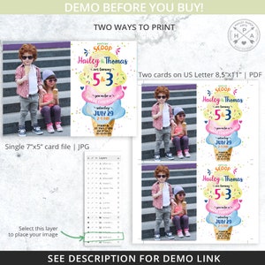 Ice cream birthday here's the scoop invitation joint siblings boy girl sister brother party icecream invitations Editable template 118HPA 04 image 4