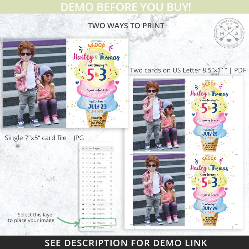 Ice cream birthday here's the scoop invitation joint siblings boy girl sister brother party icecream invitations Editable template 118HPA 04 image 4