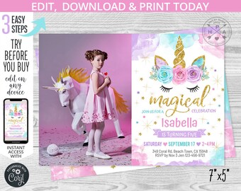 Unicorn magical birthday invitation purple pink glitter gold girl one any age magic party invite invitations. Editable printable. 046HPA 03