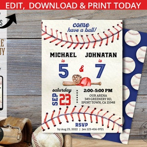 Baseball joint brothers birthday invitation navy blue red siblings boys party invite sports slugger ball game. Editable design. 191HPA 05