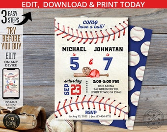Baseball joint brothers birthday invitation navy blue red siblings boys party invite sports slugger ball game. Editable design. 191HPA 05