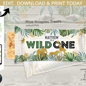 Jungle wild one rice krispies treats safari animals wrapper label, first birthday favors krispy crispy treat. Editable template. 040HPA 37 A