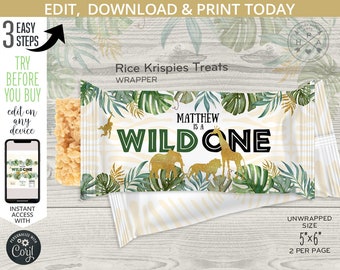 Etiqueta para envoltorio de Rice Krispies con temática de animales de safari, ideal como recuerdo de primer cumpleaños. Plantilla editable. 040HPA 37 A