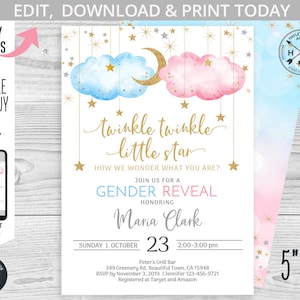 Twinkle twinkle little star gender reveal baby shower pink blue clouds stars invitation. Instant access to selfeditable template. 177HPA 01