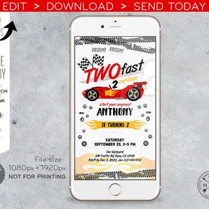 Two fast 2 car race electronic birthday party boy invitation. Speed sports racing. Smartphone e-vite digital invite E197 03 197HPA