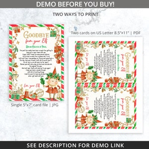 May include: Two printable Christmas cards with the text "Goodbye from your Elf." One card is a single 5"x7" JPG file, and the other has two cards on an 8.5"x11" PDF. The cards feature an elf illustration and festive borders.