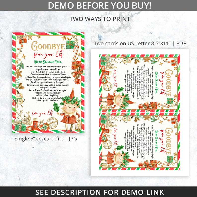 May include: Two printable Christmas cards with the text "Goodbye from your Elf." One card is a single 5"x7" JPG file, and the other has two cards on an 8.5"x11" PDF. The cards feature an elf illustration and festive borders.