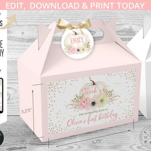 Può includere: Una scatola per bomboniere rosa chiaro con manico, misura 14,6 cm di lunghezza e 8,3 cm di altezza. Presenta un design floreale a zucca con il testo "Thank you" e "Olivia's first birthday". Sono attaccati un nastro dorato e un'etichetta rotonda con il nome "Emily".
