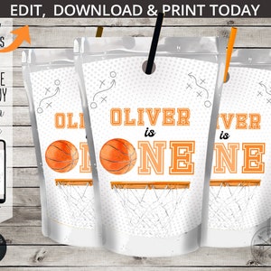 Basketball ONE juice bag label, sports juice pouch, first birthday rookie ball games party decoration. Editable printable. 218HPA 31 A