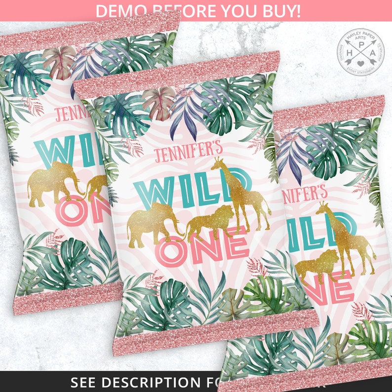 BUNDLE Jungle Girl Wild One Chips Bag, Juice Bags, Safari Water Bottle ...