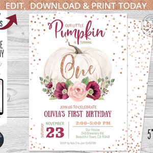May include: A printable invitation for a first birthday party with a pumpkin theme. The invitation features a white pumpkin with gold glitter lettering that says "Our Little Pumpkin is Turning One". The pumpkin is decorated with burgundy and pink flowers. The invitation is 5 inches by 7 inches.