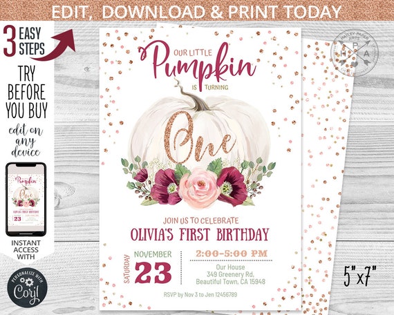Pumpkin little first birthday ONE invitation burgundy rose gold glitter girl fall 1st party invite invitations. Editable template. 085HPA 01 Il_570xn