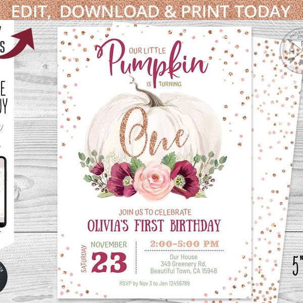 Pumpkin little first birthday ONE invitation burgundy rose gold glitter girl fall 1st party invite invitations Editable printable. 085HPA 01