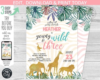 May include: A printable invitation for a girl's third birthday party with a jungle theme. The invitation features a pink and blue zebra print background, a gold glitter giraffe, lion, and monkey, and the text "Calling all party animals, Heather is young & wild & three, August 23, 2:00-5:00 PM".