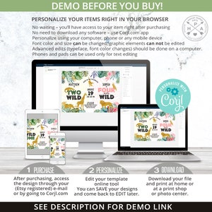 May include: A digital product design displayed on various devices, including a computer, tablet, and phone. The design features a jungle theme with the text "TWO WILD" and "FOUR WILD". The image also includes instructions for purchase, personalization, and download.