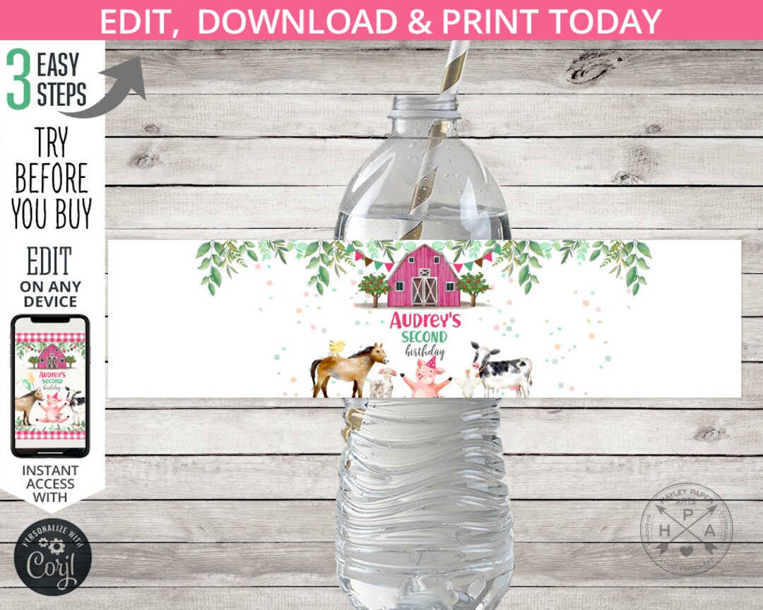 Farm Animals Water Bottle Labels Pink Barn Girl Any Age Birthday