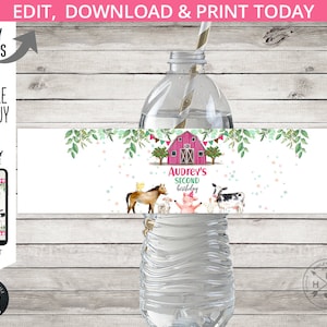 Farm animals water bottle labels pink barn girl any age birthday barnyard country pig cow horse party label. Online template. 150HPA 12 A