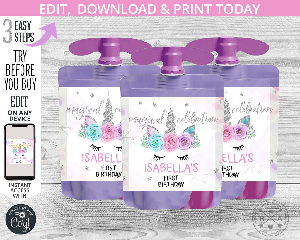 Unicorn applesauce pouch label, kid infant food bags wrapper, squeeze, magical celebration, first birthday. Editable template. 064HPA 43
