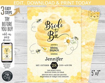 Bride to bee bridal shower brunch luncheon party invitation honeycomb bumble yellow. EDITABLE. Instant access to the template. 069HPA 01