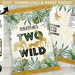 Jungle two wild chip bag, snacks treats bags, safari chip bag, chips pouch, favors, second birthday party editable template. 040HPA 30 C