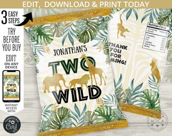 Jungle two wild chip bag, snacks treats bags, safari chip bag, chips pouch, favors, second birthday party editable template. 040HPA 30 C