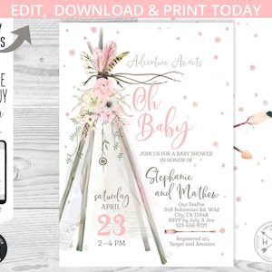 TeePee bohemian baby shower Oh Baby invitation, pink pastel rose boho arrows adventure begin invite. Printable editable template. 106HPA 03