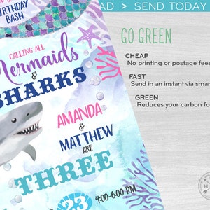 May include: A colorful invitation for a birthday party with a mermaid and shark theme. The invitation says "Calling all Mermaids & Sharks" and "Amanda & Matthew are Three". The invitation is decorated with a mermaid tail, a shark, and a watercolor background.