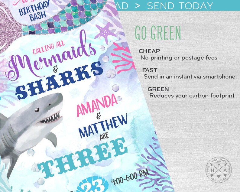 May include: A colorful invitation for a birthday party with a mermaid and shark theme. The invitation says "Calling all Mermaids & Sharks" and "Amanda & Matthew are Three". The invitation is decorated with a mermaid tail, a shark, and a watercolor background.