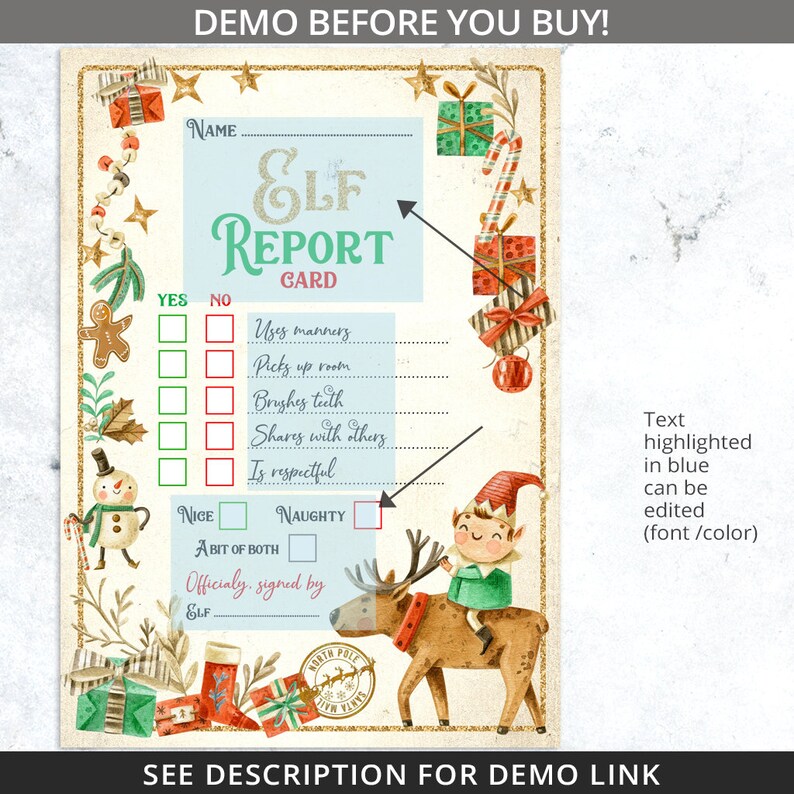 Puede incluir: Tarjeta de informe de elfo con un dise&ntilde;o vintage. La tarjeta presenta una secci&oacute;n azul claro para el nombre y el t&iacute;tulo "Elf Report Card" en verde. Incluye casillas de verificaci&oacute;n para "S&iacute;" y "No" y una secci&oacute;n para "Bueno" y "Travieso". La tarjeta est&aacute; decorada con elementos navide&ntilde;os.