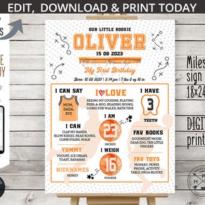 Basketball 1. Geburtstag Stats Meilenstein Poster Zeichen. Kleines Rookiejahr erste Sporttafel Kreidetafel. Selbst editierbar printable. 218HPA 19 C