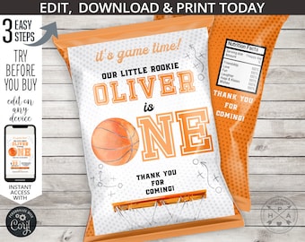 Puede incluir: Bolsa de recuerdo de fiesta naranja y blanca con temática de baloncesto con el texto "OLIVER is ONE". La bolsa presenta un gráfico de baloncesto y una canasta de baloncesto en la parte inferior. La bolsa también incluye el texto "¡Gracias por venir!"