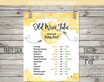 BEE gender reveal baby shower Old Wives Tales party table sign 8x10 boy girl printable poster what will baby bee. NOT EDITABLE. 049HPA 21 04