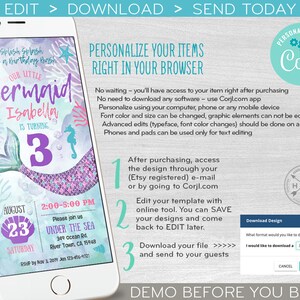 May include: A digital invitation for a mermaid-themed birthday party. The invitation features a purple mermaid with a pink tail, surrounded by blue and green ocean-themed elements. The text on the invitation reads "Our Little Mermaid Isabella is turning 3". The invitation also includes the date, time, and location of the party.