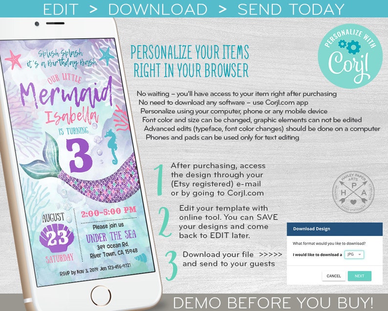 Mermaid Electronic Birthday Under Sea Invitation Smartphone Etsy