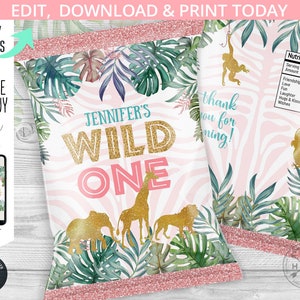 Jungle wild one pink chips bag, snacks treat bags, safari chip bag, chips pouch, favors, first birthday party editable printable 041HPA 30 B