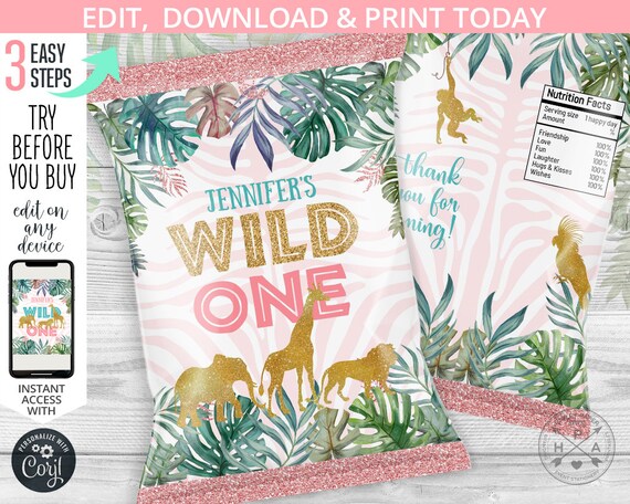 Jungle wild one pink chips bag, snacks treat bags, safari chip bag, chips pouch, favors, first birthday party editable template. 041HPA 30 B Il_570xn