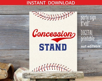 May include: Printable 8x10 inch sign with a baseball theme. The sign says "Concession Stand" in red and blue text with a baseball stitch design on the top and bottom.