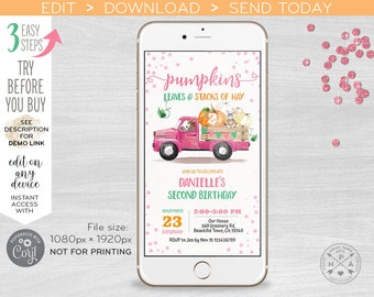Pumpkin truck electronic birthday fall invitation bunny pink girl green smartphone e-vite, digital invite. Editable template. E135 02 135HPA