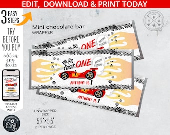 Race car candy bar label, fast one sports speed red racing labels, chocolate bar wrap, boy first birthday editable printable. 197HPA 33 A